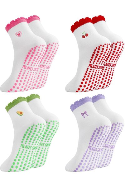 Generic Non Slip Pilates Socks with Grips, 4 Pairs Cute Ruffle Cuff Embroider...