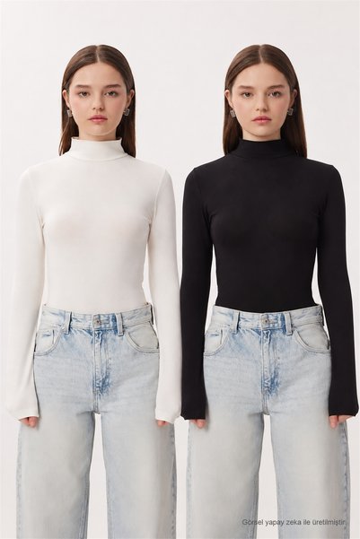 Lovelyİstanbul 2-Piece Set of Turtleneck Viscose Blouses Lrn0083 Black Ecru