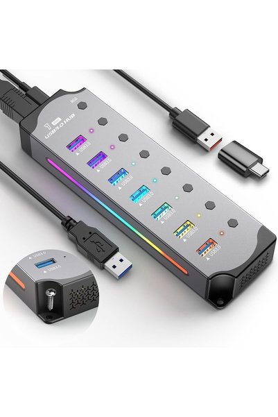 Generic موزع USB 3.0، هيكل من الألومنيوم، يحتوي على 7 منافذ، مع مفاتيح تشغيل/...