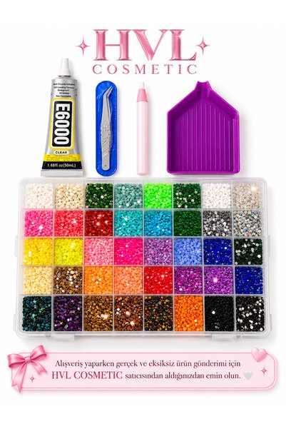 HVL COSMETIC 40'lı Bedazzling Taş Süsleme Kiti, Full Parlak Taş, 50ml Yapıştırıcı, Taş Tutma Kalemi, Cımbız, Taş Dizme Tepsisi