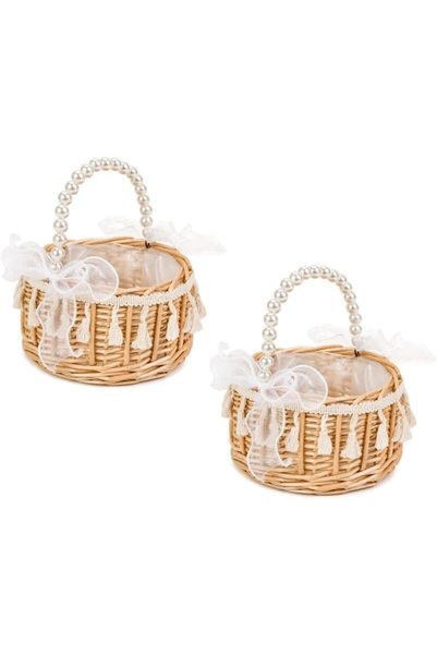 Generic 2 Pcs Rattan Gift Basket, Wicker Rattan Flower Girl Basket with Pearl...
