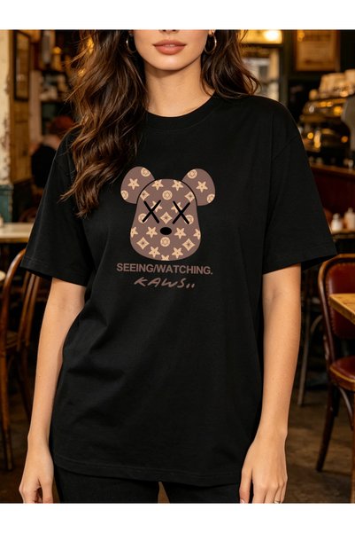 Arabest 100% Cotton T-Shirt Black Kaws bear face Print
