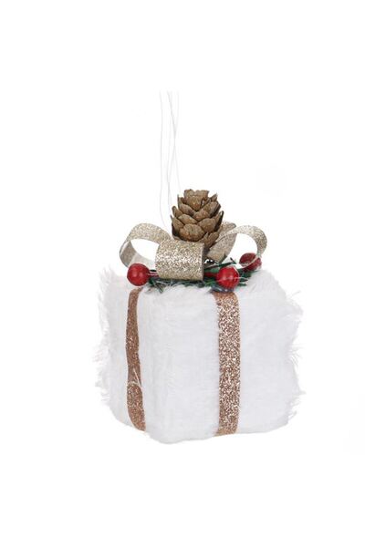 SHOPIENS Ornament brad de Craciun din spuma cadou alb blana bej panglica conu...