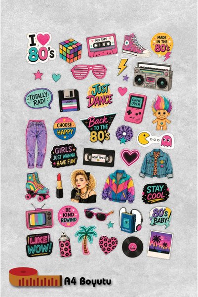 Yalıgraf Reklam Tabela 80S Themed Sticker Set, Colorful Retro Stickers - Refl...
