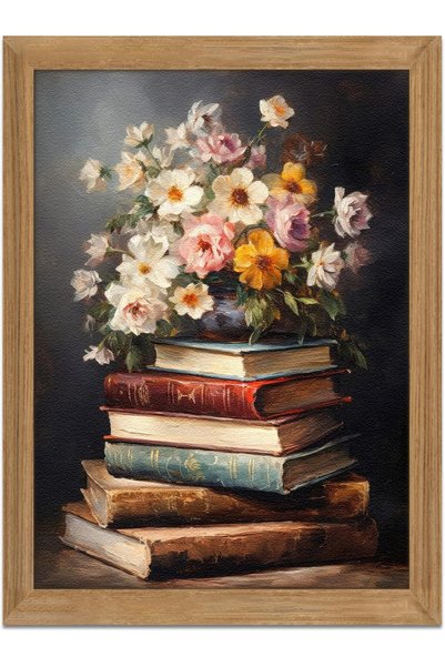 Generic Framed Vintage Floral Wall Art - 3D Textured Flowers Books Sandstone ...