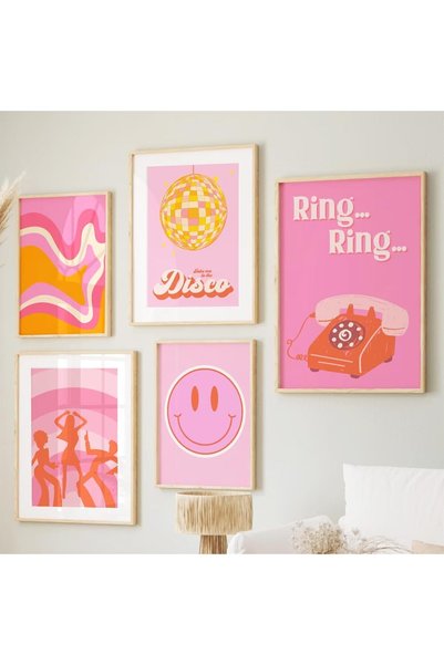 Generic Pink Retro Wall Art 70s Canvas Wall Decor 60s Disco Preppy Wall Art O...