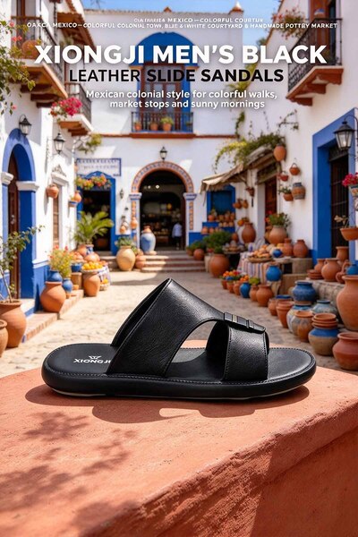 Khayrat Slipper شبشب رجالي بحزام مزدوج – جزء علوي من الجلد المزخرف مع إبزيم م...