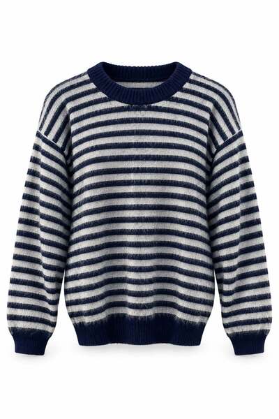 ELVAN TOLON Striped Crew Neck Sweater, Navy Blue