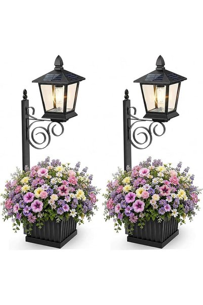 U-HOOME Solar Lamp Post Light with Planter, 2 Pack Outdoor Flower Pots, 2 in ...