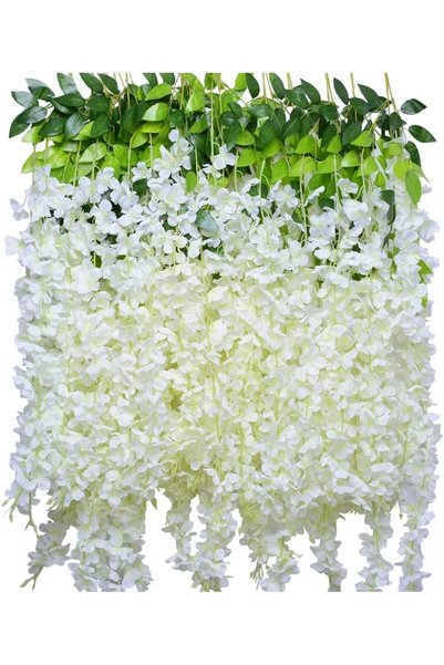 Generic زهور صناعية، عبوة من 12 زهرة ويستيريا بيضاء، 44 بوصة، زهرة صناعية من ...