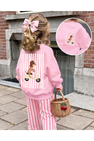 İBRE Stylish Fashion Girls' Pink Lemon Printed Striped Bicycle Collar Sweatshirt Set