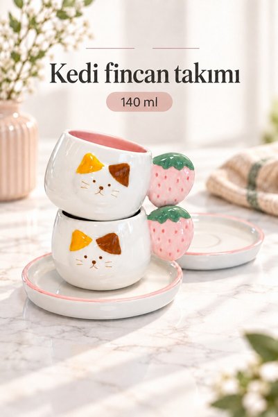 Rosie Kedi Koala Panda Desenli 6’lı Kahve Fincanı Seti 140 ml