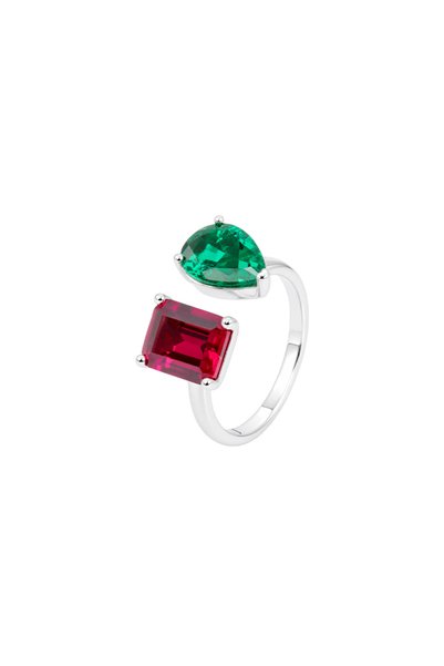 Generic Brand 9K Open Cuff Ring with Lab Grown Emerald & Lab Grown Ruby, Two ...