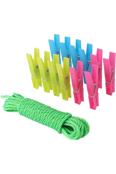 Generic 12-Piece Multicolour Laundry Clips Set with Clothesline Rope - 5mmx5m...