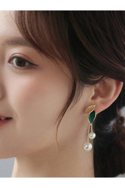 Take Two By Styli Green Leaf and Pearl Drop Earrings