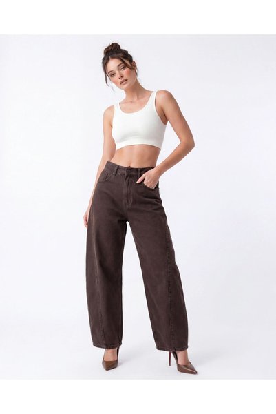 Womengrom Women's High-Waisted Wide-Leg Vintage Brown 100% Cotton Denim Jeans.