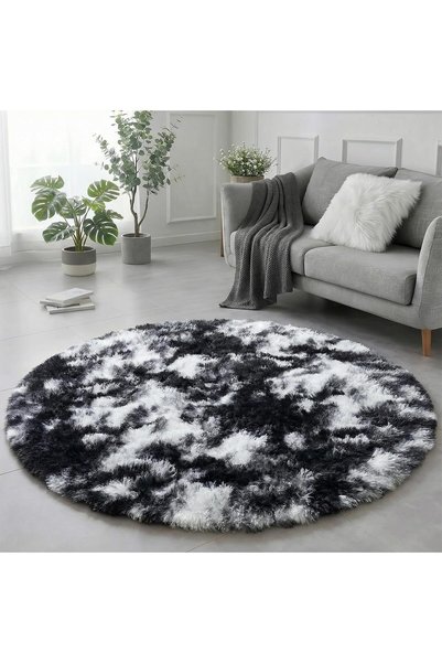 Generic Round Rug, Black, White, Gray, 1.5 m, for Bedroom, Living Room, Shagg...