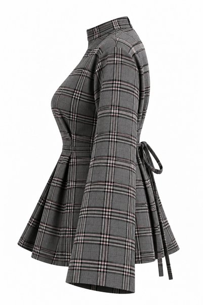 MELEK ARAZ Stand-Up Collar Plaid Lumberjack Shirt with Front Slit - Gray