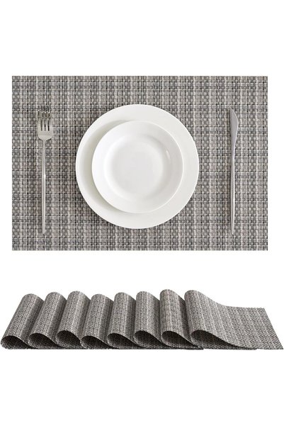 Generic Woven Vinyl Placemats Set of 8, Beige Gray | High Density, Basketweav...