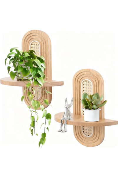 Generic Brand Set de 2 rafturi de perete plutitoare din lemn și ratan 35 x 16 cm