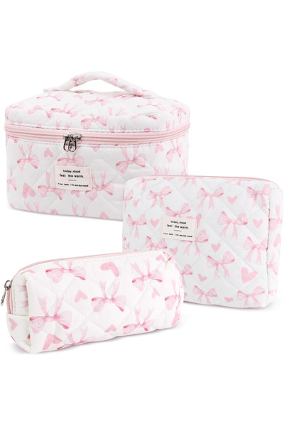 Generic Brand Pinkish White 3 Piece Cotton Makeup and Toiletry Bag Set