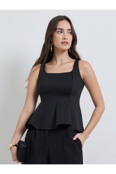 Styli Black Square Neck Peplum Knit Top