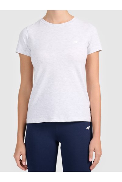 4F Tricou de damă din bumbac, croială slim, gri melanj deschis, mărimea L