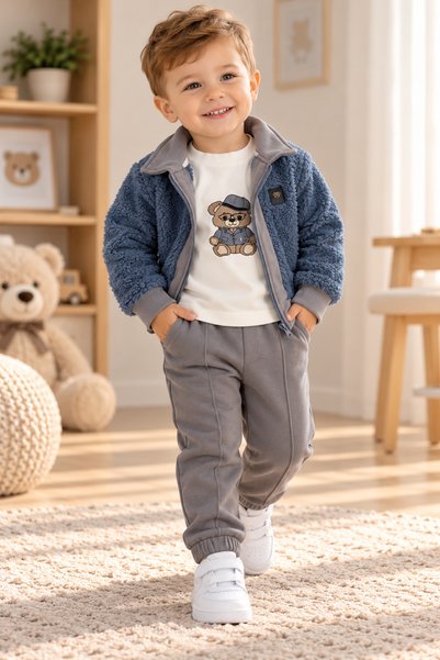 SERPİL Boys' 3-Piece Plush Jacket Set: Blue and Gray Zipper Jacket with a Wel...