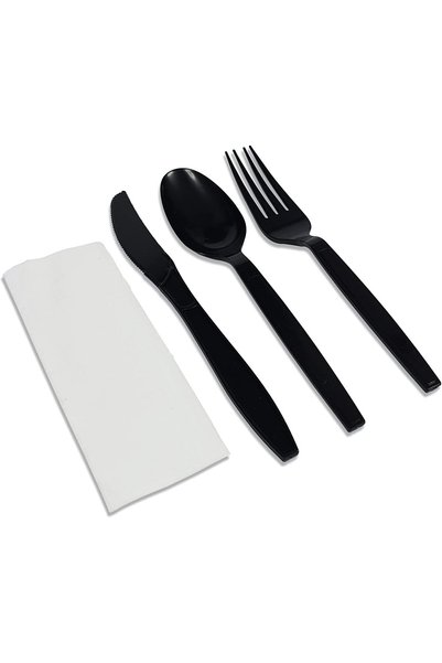 Generic [50 Pack] Black Plastic Cutlery Set with Napkin - Knife Fork Spoon Na...
