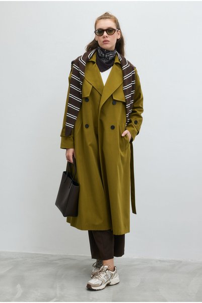 HEQA Long Classic Trench Coat, Olive Green.