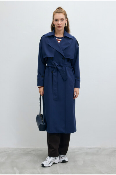 HEQA Long Classic Trench Coat, Navy Blue