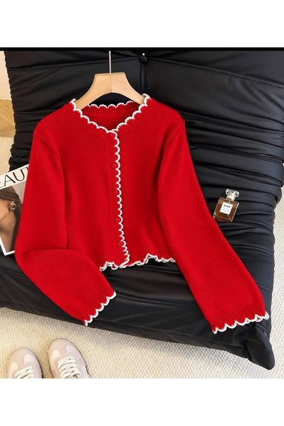 NATUFIAN STORE Women's Contrast Edged Basic Tube Sleeve Knitwear Cardigan
