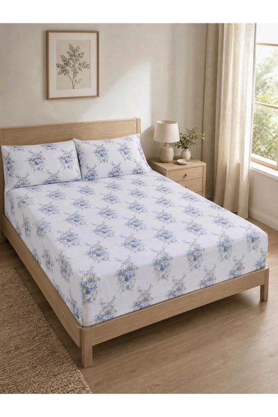 Styli Floral Print King Size Bed Sheet 270x270 cm, Blue