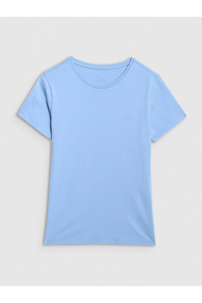 4F Tricou de damă din bumbac, croială slim, albastru denim, XS