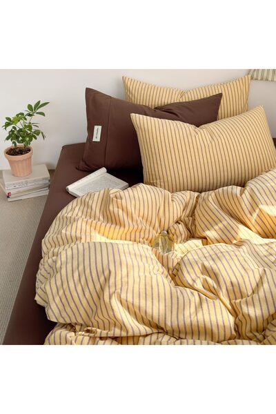 Generic Striped Duvet Cover Set Washed Cotton,Twin XL(68"x90"),Pinstripes Yellow
