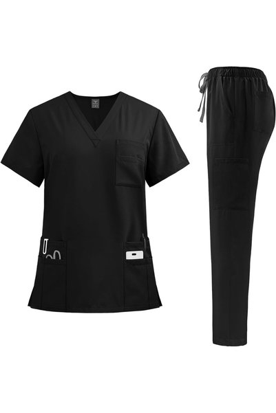 Generic Scrubs for Women Men Set - Stretch Top & Cargo Pants with Multi Pocke...
