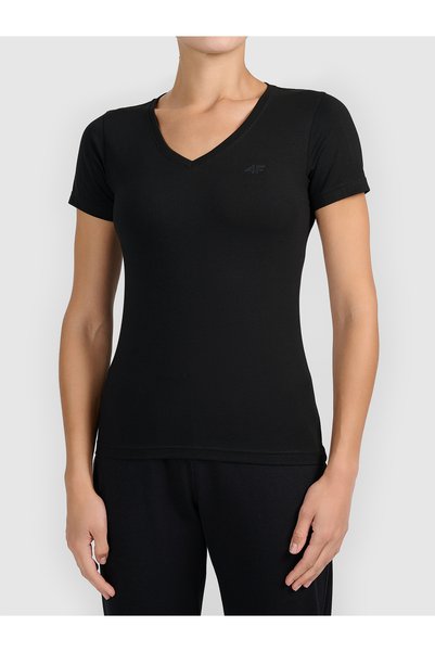 4F Tricou negru de damă, croială slim, cu decolteu în V
