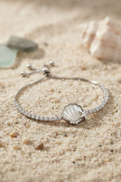 BlackCraft Silver Color Sea Shell Model Zircon Stone Women's Bracelet with El...