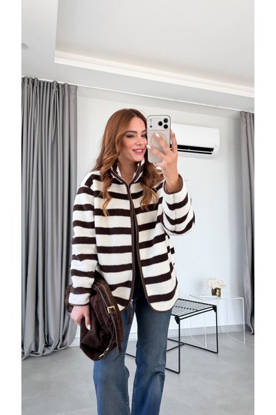 pelin yıldız butik Ekru Merida Kahve Çizgi Desenli Peluş Ceket