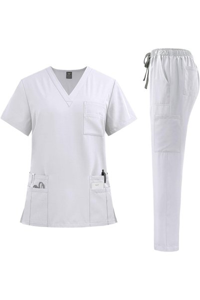 Generic Scrubs for Women Men Set - Stretch Top & Cargo Pants with Multi Pocke...