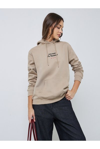 Styli Beige Regular Fit Longline Embroidered Slogan Hoodie