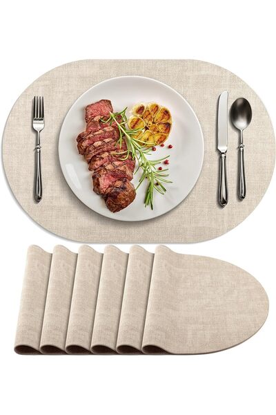 Generic Faux Leather Oval Placemats Set of 6, Beige