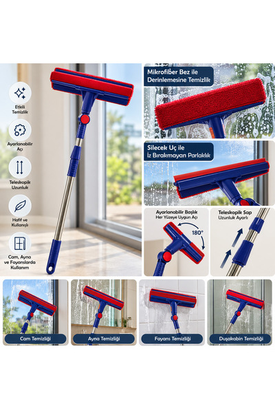 Teleskopik Uzatılabilir Cam Silme Aparatı, Mikrofiber Bezli ve Ayarlanabilir Başlıklı Cam, Ayna ve Duşakabin Temizleme Sileceği