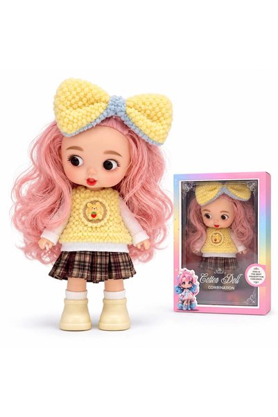 TOY LAND Cute Fashion Doll for Girls with Long Curly Pink Hair, Oversized Bow...