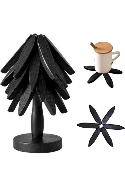 Generic Natural Foldable Black Walnut Wooden Trivet Set - 4 Trivets + 1 Stand...
