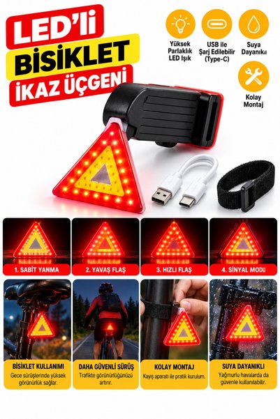 GÜZELYÜZ AVM Üçgen İkaz Işığı Bisiklet Motor Scooter Feneri Led Usb Şarjlı 4 Fonksiyonlu Sinyal Işık Prof k-1176