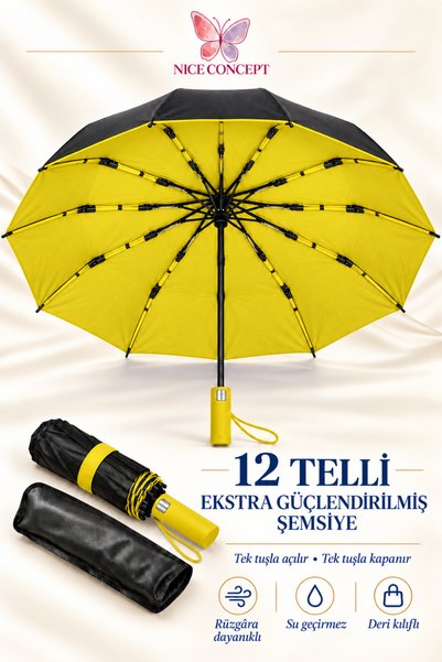Nice Concept 12 Telli Ekstra Güçlendirilmiş Tam Otomatik Şemsiye, Rüzgâra Day...