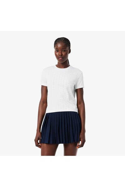 Lacoste Kadın Slim Fit Bisiklet Yaka Desenli Beyaz T-Shirt