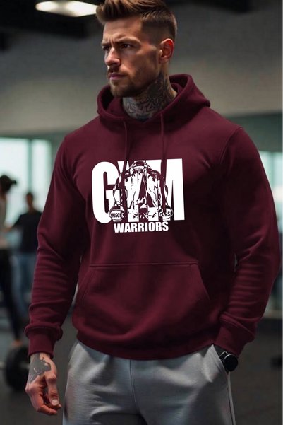 CAST COLLECTİON Men's Burgundy Gym Warriors Printed Winter Hooded Fleece-Line...
