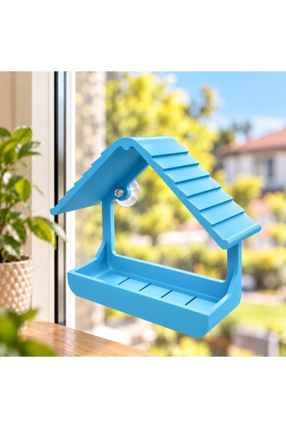 Vantuzlu Pencere Kuş Yemliği, Cam ve Balkon İçin Çatılı Kuş Evi, İç ve Dış Mekan Kullanımına Uygun,Mavi